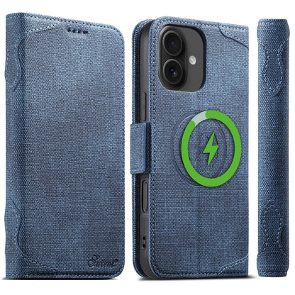 For iPhone 16 Plus Suteni J07 Multi-functional Horizontal MagSafe Denim Leather Phone Case(Blue)