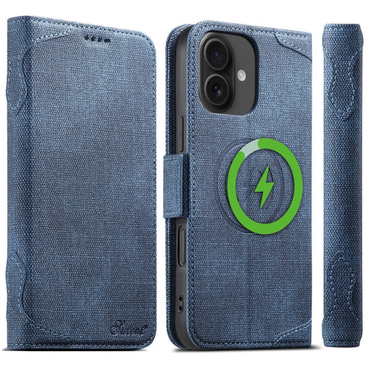 For iPhone 16 Plus Suteni J07 Multi-functional Horizontal MagSafe Denim Leather Phone Case(Blue)