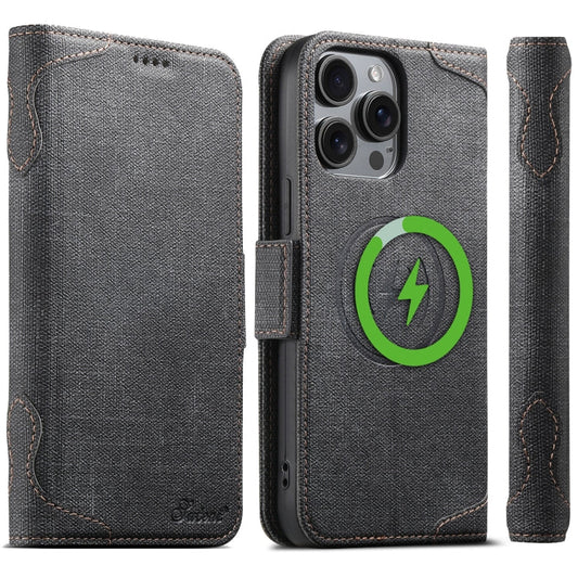 For iPhone 15 Pro Max Suteni J07 Multi-functional Horizontal MagSafe Denim Leather Phone Case(Black)