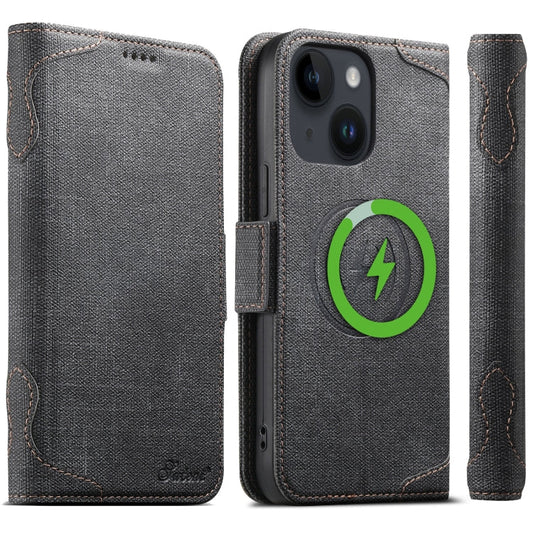 For iPhone 15 Plus Suteni J07 Multi-functional Horizontal MagSafe Denim Leather Phone Case(Black)