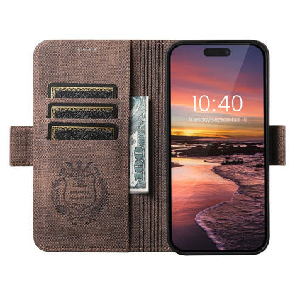 For iPhone 15 Plus Suteni J07 Multi-functional Horizontal MagSafe Denim Leather Phone Case(Brown)