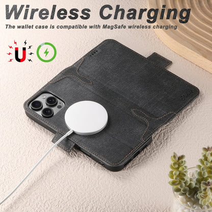 For iPhone 15 Suteni J07 Multi-functional Horizontal MagSafe Denim Leather Phone Case(Black)