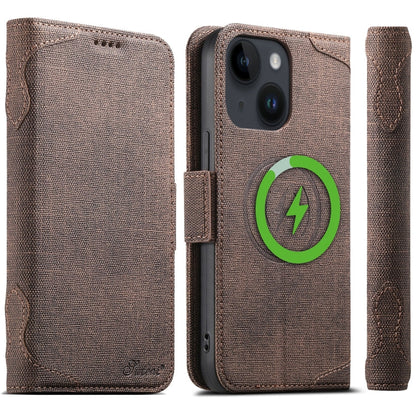 For iPhone 14 Plus Suteni J07 Multi-functional Horizontal MagSafe Denim Leather Phone Case(Brown)