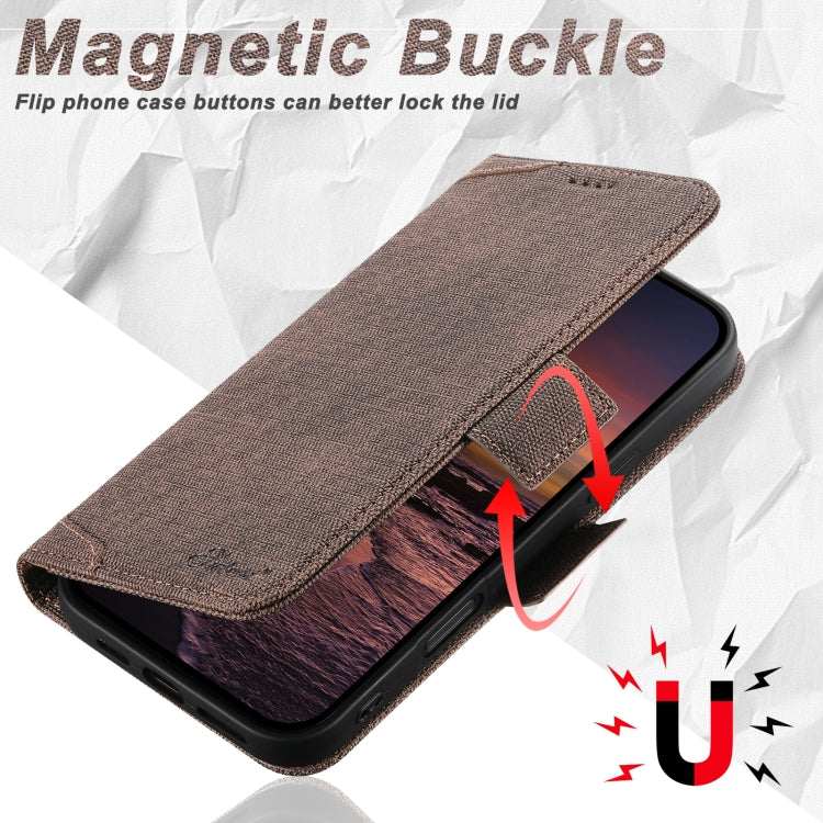 For iPhone 14 Suteni J07 Multi-functional Horizontal MagSafe Denim Leather Phone Case(Brown)