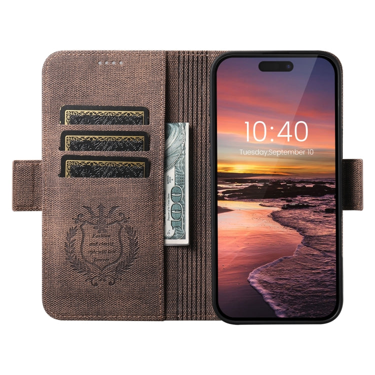 For iPhone 14 Pro Max Suteni J07 Multi-functional Horizontal MagSafe Denim Leather Phone Case(Brown)