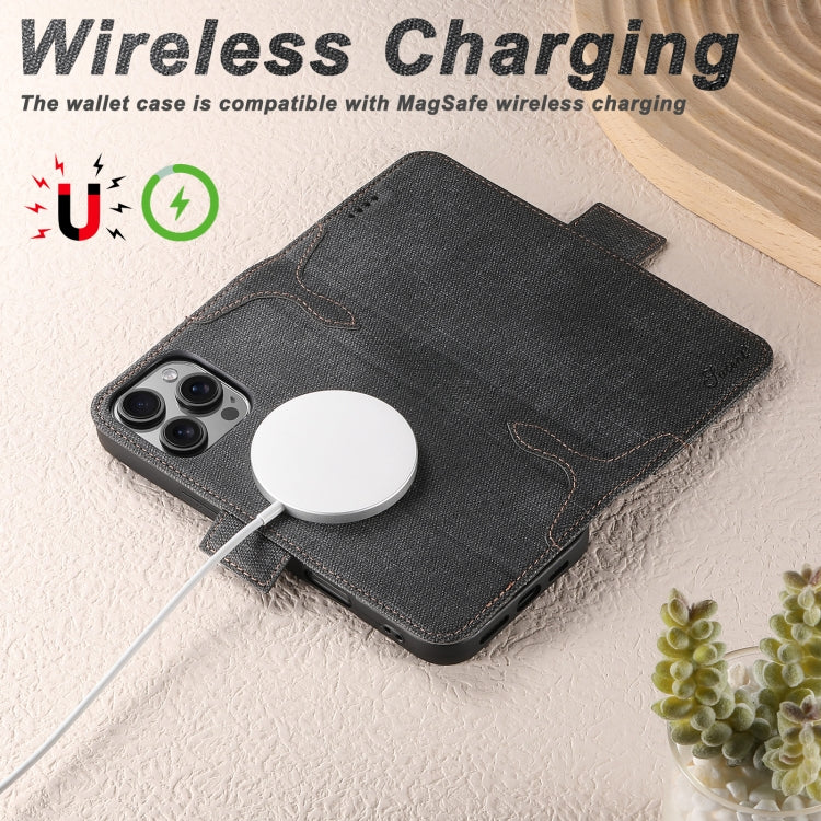 For iPhone 13 Pro Max Suteni J07 Multi-functional Horizontal MagSafe Denim Leather Phone Case(Black)