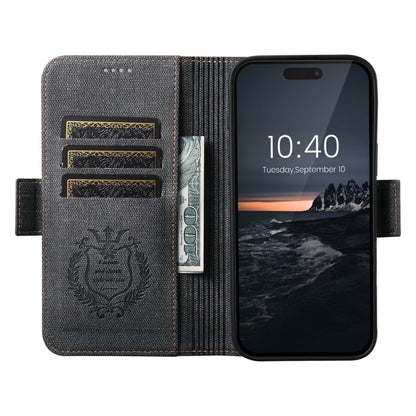 For iPhone 13 Pro Max Suteni J07 Multi-functional Horizontal MagSafe Denim Leather Phone Case(Black)