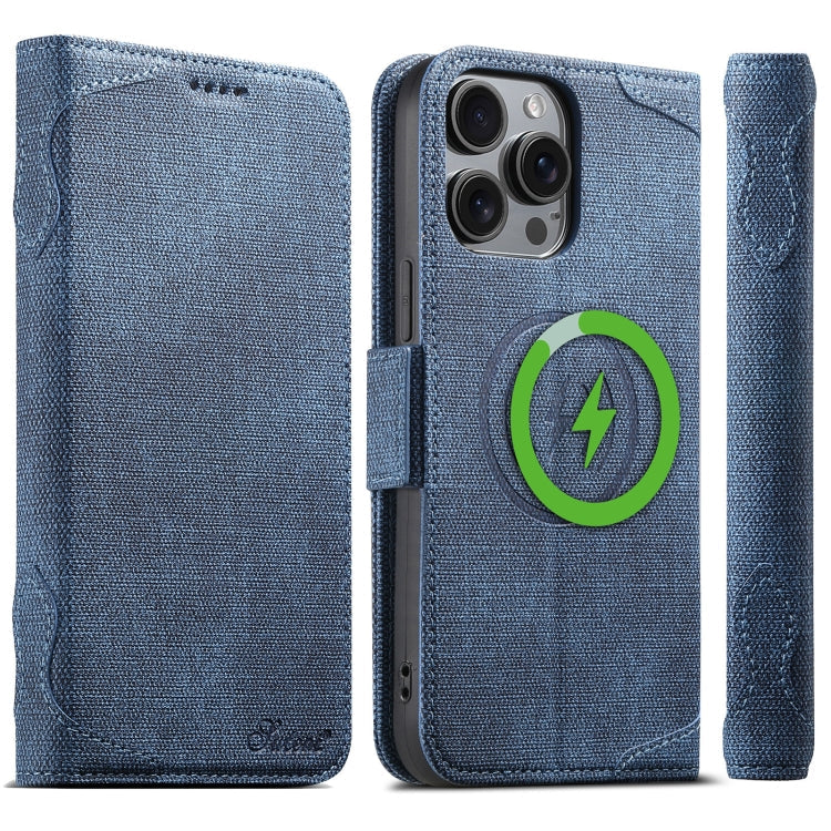 For iPhone 13 Pro Max Suteni J07 Multi-functional Horizontal MagSafe Denim Leather Phone Case(Blue)