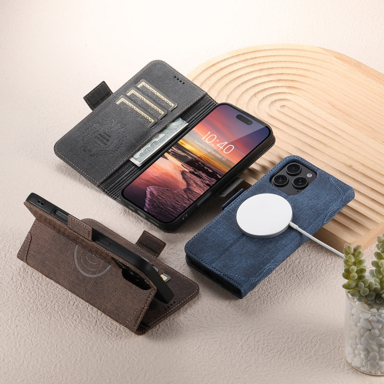 For iPhone 13 Pro Max Suteni J07 Multi-functional Horizontal MagSafe Denim Leather Phone Case(Black)
