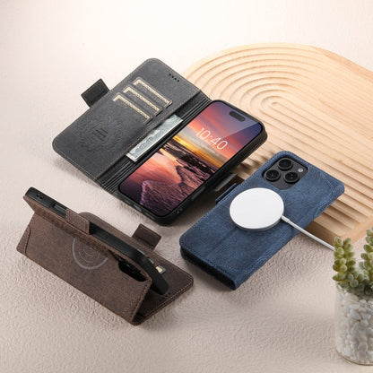 For iPhone 13 Pro Max Suteni J07 Multi-functional Horizontal MagSafe Denim Leather Phone Case(Black)