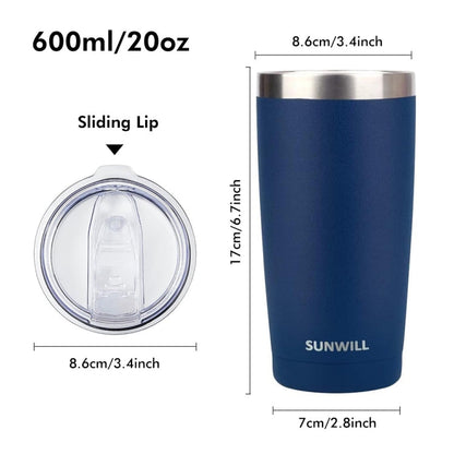 JUNSUNMAY 600ml 304 Stainless Steel Vacuum Insulated Coffee Travel Mug Double Wall Thermal Cup(Steel Color)