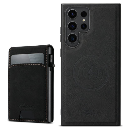 For Samsung Galaxy S23 Ultra 5G Suteni H19 Litchi Texture 2-in-1 MagSafe Removable Card Case Back Phone Case(Black)