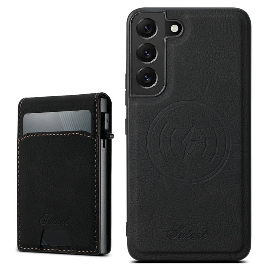 For Samsung Galaxy S23+ 5G Suteni H19 Litchi Texture 2-in-1 MagSafe Removable Card Case Back Phone Case(Black)