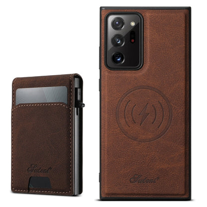 For Samsung Galaxy Note20 Ultra 5G Suteni H19 Litchi Texture 2-in-1 MagSafe Removable Card Case Back Phone Case(Brown)