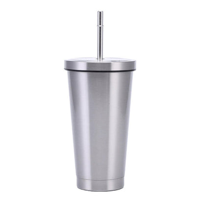 JUNSUNMAY 500ml 304 Stainless Steel Water Vacuum Bottle Coffee Cup with Lid and Straw(Steel Color)
