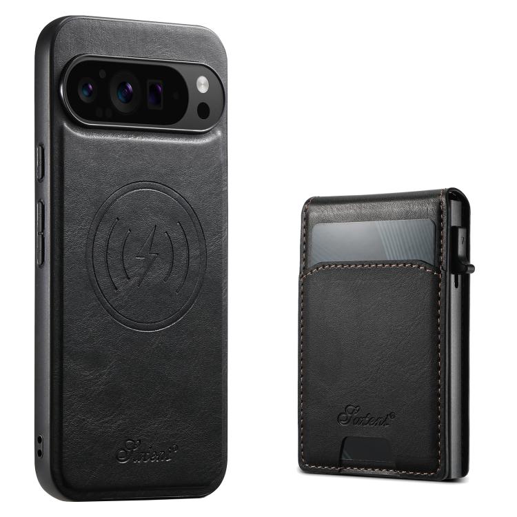 For Google Pixel 10 Pro XL Suteni H19 Oil Wax 2-in-1 MagSafe Removable Card Box Back Phone Case(Black)
