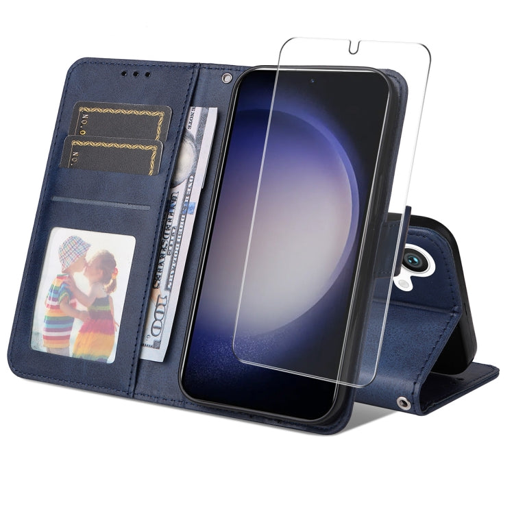 For Galaxy S25+ 5G ENKAY Card Wallet Calf Texture Leather Phone Case with Screen Film(Blue)