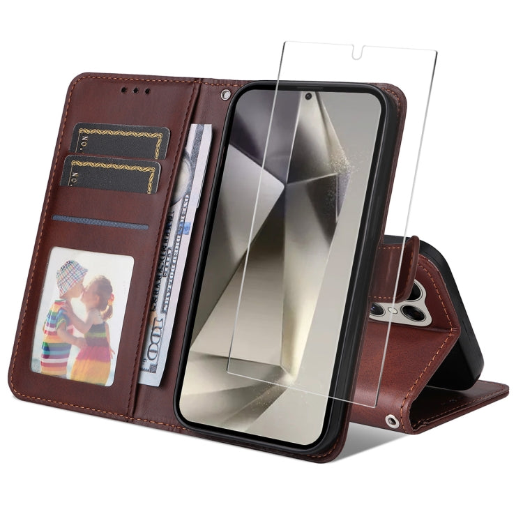 For Galaxy S24 Ultra 5G ENKAY Card Wallet Calf Texture Leather Phone Case with Screen Film(Brown)