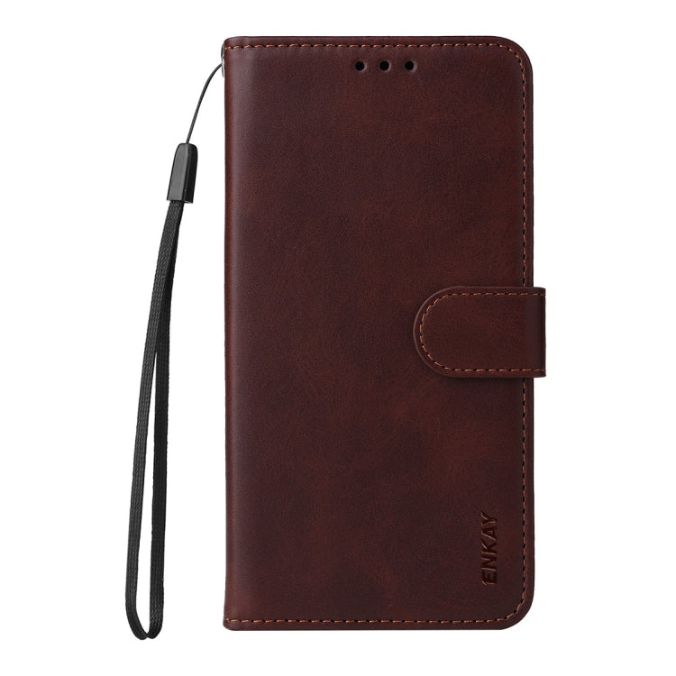 For Galaxy S24 Ultra 5G ENKAY Card Wallet Calf Texture Leather Phone Case with Screen Film(Brown)