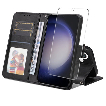 Pour Samsung Galaxy S24+ 5G ENKAY Étui de téléphone en cuir texturé veau avec porte-cartes et film de protection d'écran (noir)