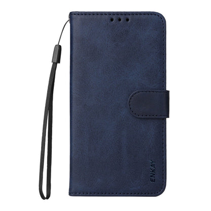 Pour Samsung Galaxy S24 5G Étui de téléphone en cuir texturé ENKAY avec porte-cartes et film protecteur d'écran (Bleu)