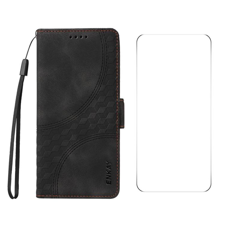 For Motorola Moto G55 ENKAY Embossed Rhombus Starry Leather Phone Case with Screen Film(Black)