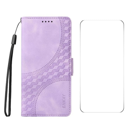 For Motorola Moto G55 ENKAY Embossed Rhombus Starry Leather Phone Case with Screen Film(Purple)