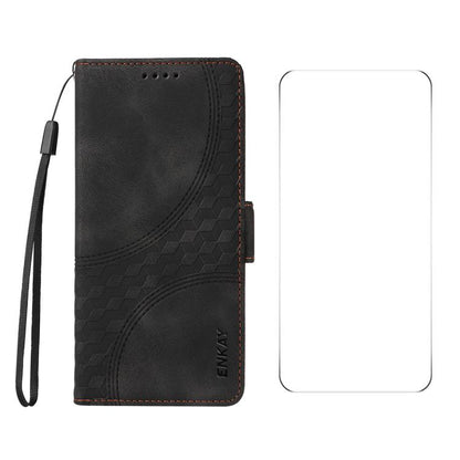 Pour Motorola Moto G75 Coque de téléphone en cuir gaufré Rhombus Starry ENKAY avec film de protection d'écran (noir)
