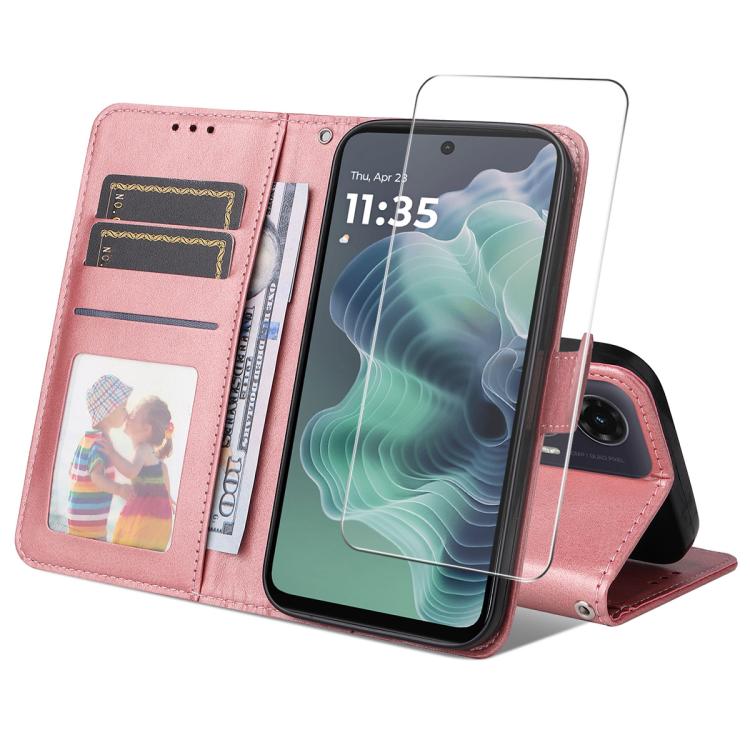 For Motorola Moto G35 ENKAY Card Wallet Calf Texture Leather Phone Case with Screen Film(Pink)