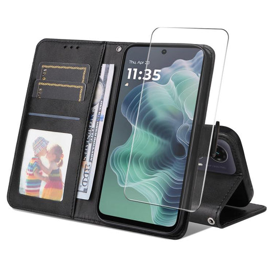 Pour Motorola Moto G35 ENKAY Card Wallet Étui de téléphone en cuir texturé veau avec film protecteur d'écran (noir)