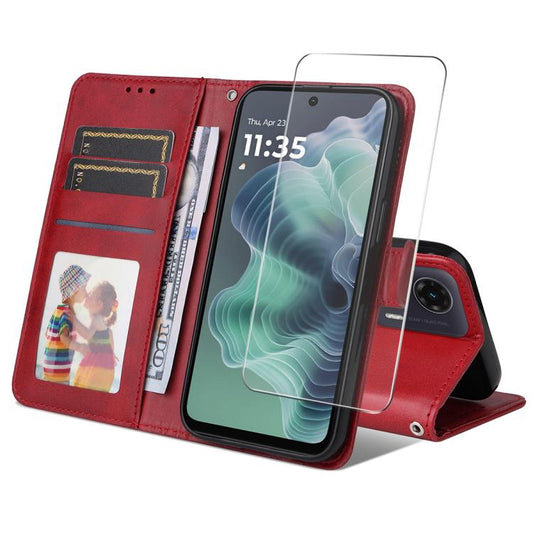 Pour Motorola Moto G35 ENKAY Étui de téléphone en cuir texturé veau avec porte-cartes et film de protection d'écran (Rouge)