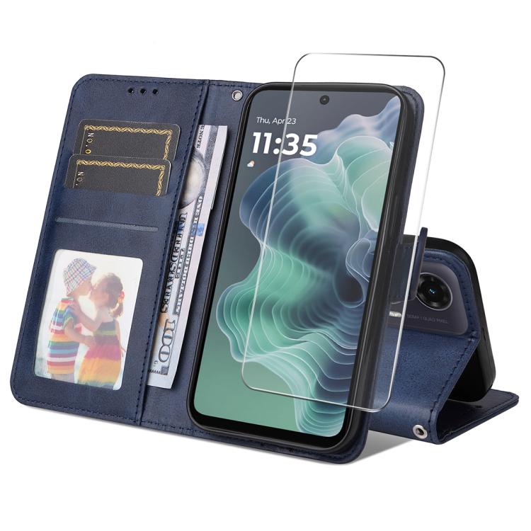 For Motorola Moto G35 ENKAY Card Wallet Calf Texture Leather Phone Case with Screen Film(Blue)