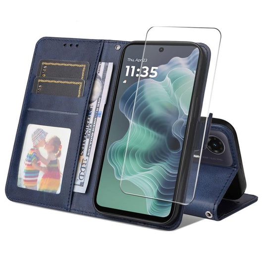 Pour Motorola Moto G35 Étui de téléphone ENKAY Card Wallet en cuir texturé (Bleu) avec film de protection d'écran
