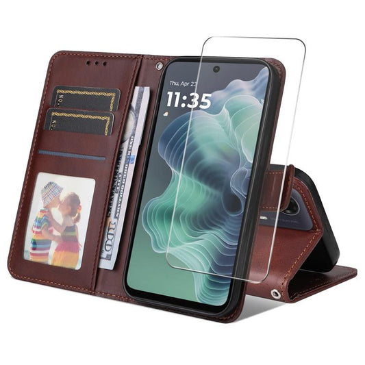 Pour Étui de téléphone en cuir avec texture veau et porte-cartes ENKAY pour Motorola Moto G35 avec film de protection d'écran (Marron)