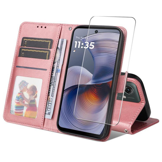 Pour l'étui de téléphone en cuir avec texture veau ENKAY Card Wallet pour Motorola Moto G55 avec film de protection d'écran (rose)