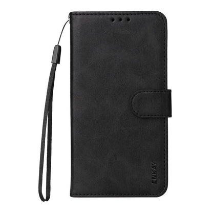 Pour Motorola Moto G55 Étui de téléphone en cuir texturé de veau ENKAY avec portefeuille et film de protection d'écran (Noir)