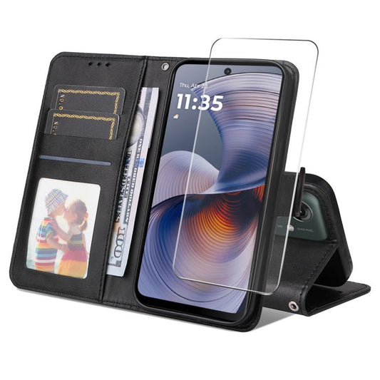 Pour Motorola Moto G55 Étui de téléphone en cuir texturé de veau ENKAY avec portefeuille et film de protection d'écran (Noir)