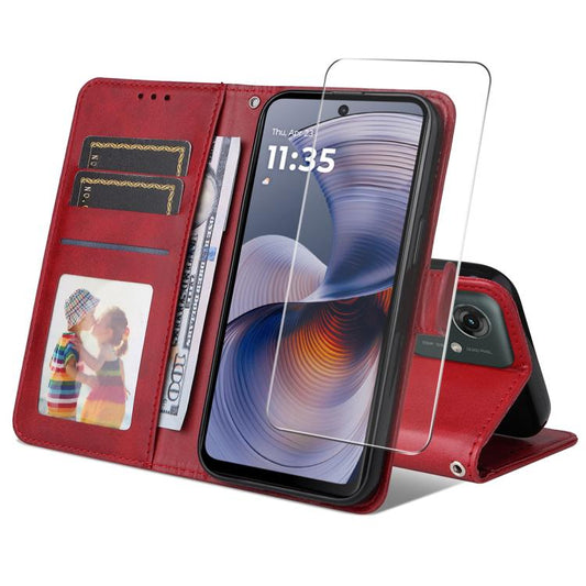 Pour Motorola Moto G55 Étui de téléphone en cuir texturé de veau ENKAY avec portefeuille et film de protection d'écran (rouge)