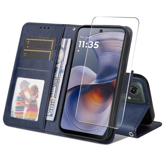 Pour Motorola Moto G55 Coque de téléphone en cuir texturé de veau ENKAY avec porte-cartes et film de protection d'écran (Bleu)