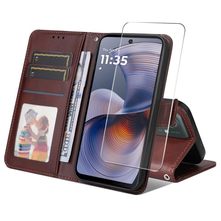 Pour Motorola Moto G55 ENKAY Étui de téléphone en cuir texturé façon veau avec porte-cartes et film protecteur d'écran (marron)