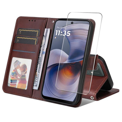 Pour Motorola Moto G55 ENKAY Étui de téléphone en cuir texturé façon veau avec porte-cartes et film protecteur d'écran (marron)
