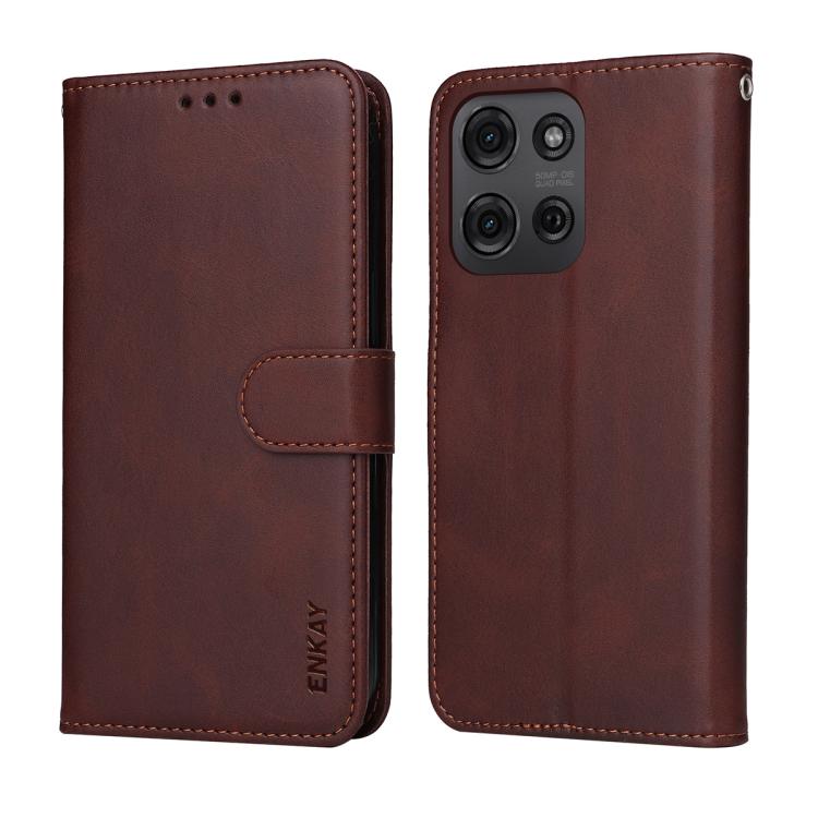 For Motorola Moto G75 ENKAY Card Wallet Calf Texture Leather Phone Case with Screen Film(Pink)