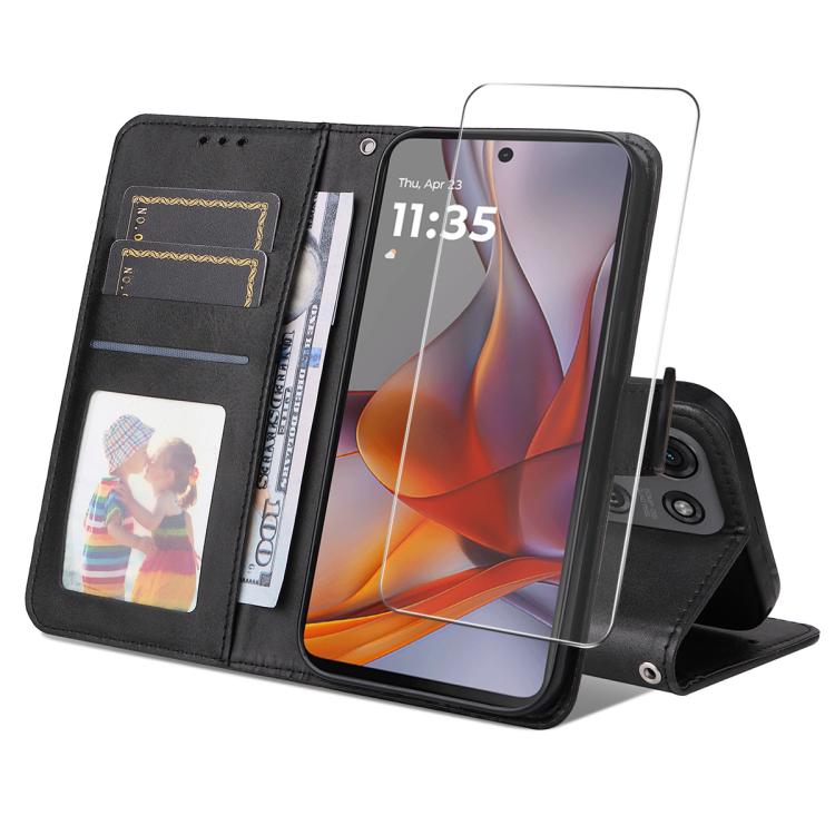 Pour Motorola Moto G75 Coque de téléphone en cuir texturé de veau ENKAY avec porte-cartes et film de protection d'écran (noir)