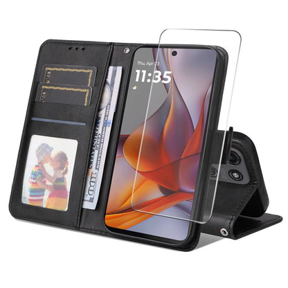 Pour Motorola Moto G75 Coque de téléphone en cuir texturé de veau ENKAY avec porte-cartes et film de protection d'écran (noir)