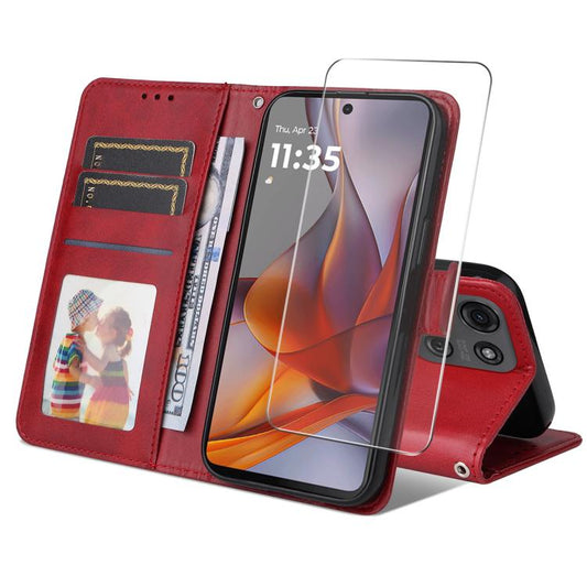 Pour Motorola Moto G75 Coque de Téléphone en Cuir Texture Veau avec Porte-Cartes ENKAY et Film de Protection d'écran (Rouge)