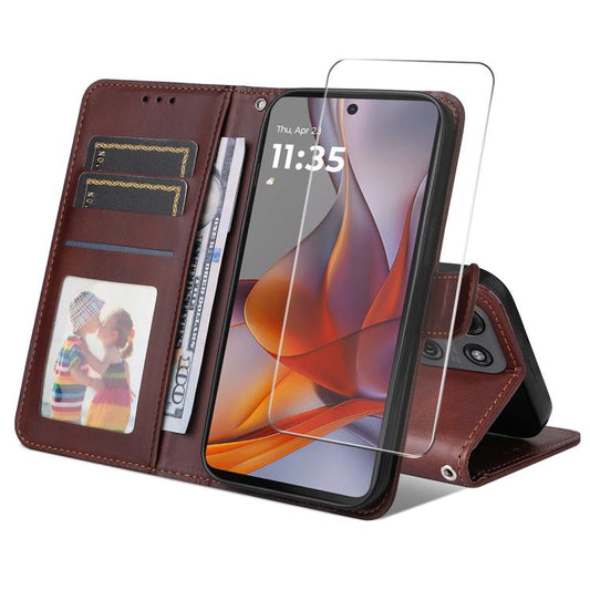 Pour Motorola Moto G75, étui de téléphone en cuir texturé veau avec porte-cartes ENKAY et film de protection d'écran (Marron)