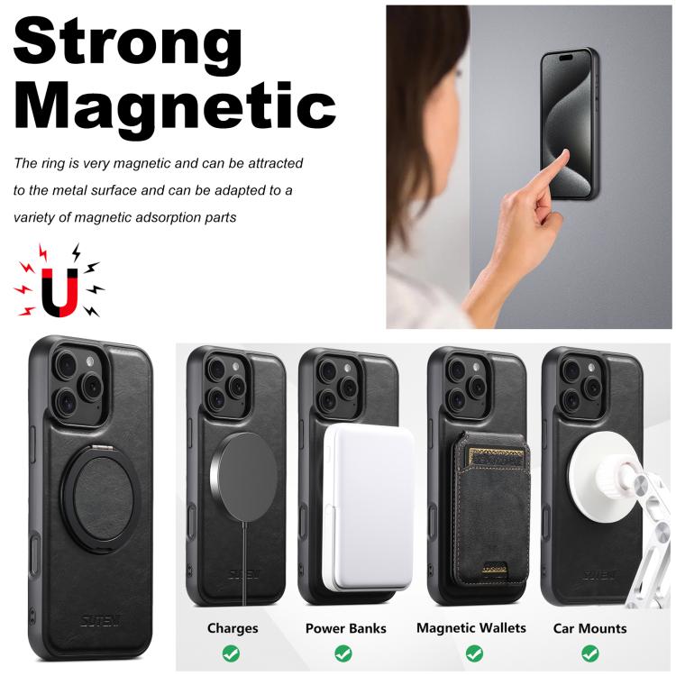 For iPhone 16 Plus Suteni G3 Oil Wax 360 Rotation Holder MagSafe Back Phone Case(Black)