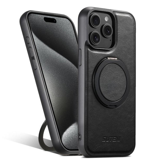 For iPhone 15 Pro Suteni G3 Oil Wax 360 Rotation Holder MagSafe Back Phone Case(Black)