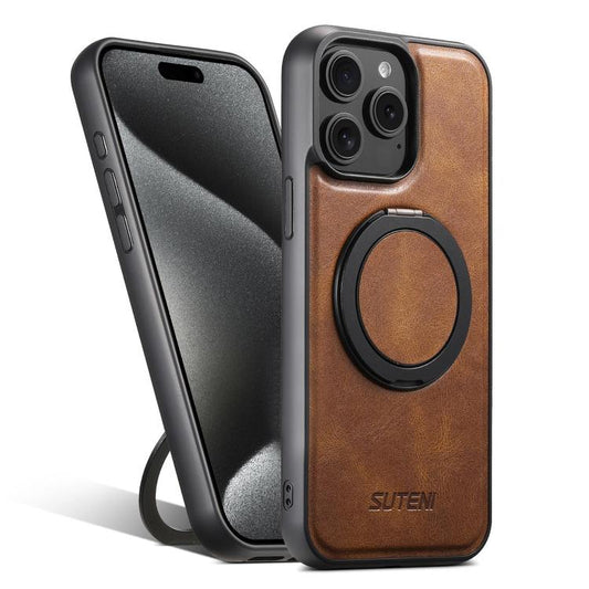 For iPhone 15 Pro Suteni G3 Oil Wax 360 Rotation Holder MagSafe Back Phone Case(Brown)