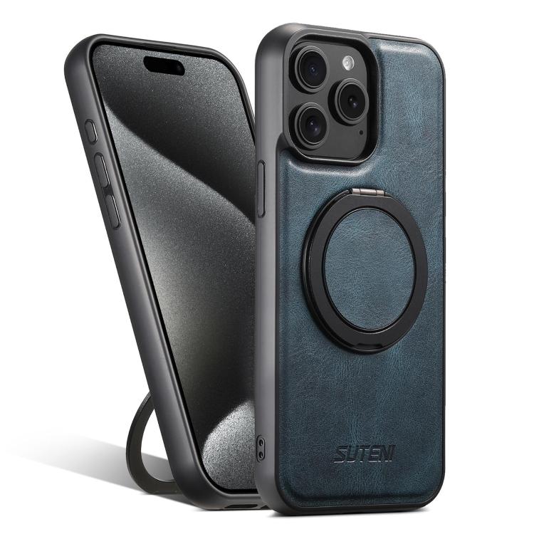 Pour iPhone 15 Pro Suteni G3 Étui de Téléphone avec Support Rotatif à 360° en Cuir Huilé et MagSafe (Bleu)
